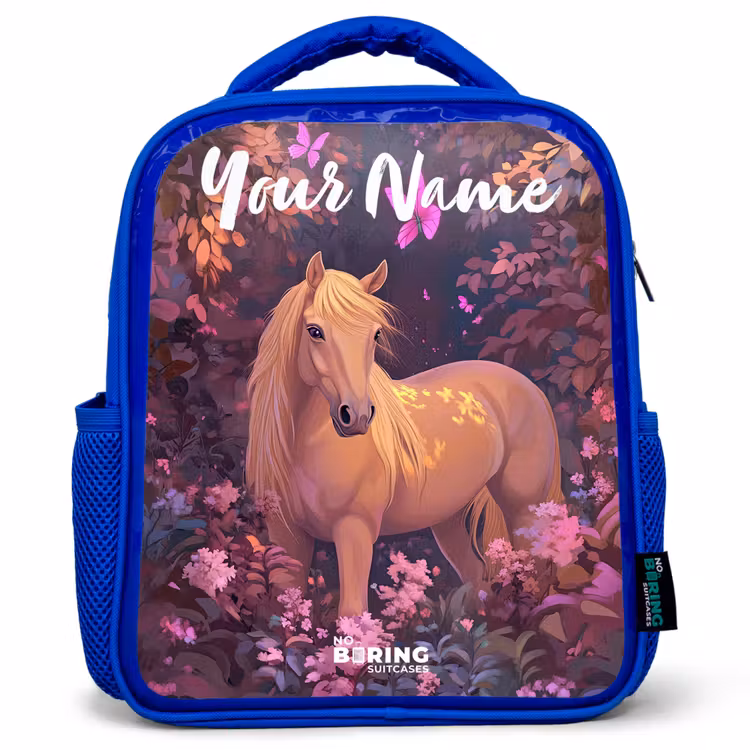 Kids backpack with name - Blue - Horse - Flowers - Purple - Butterfly — 1
