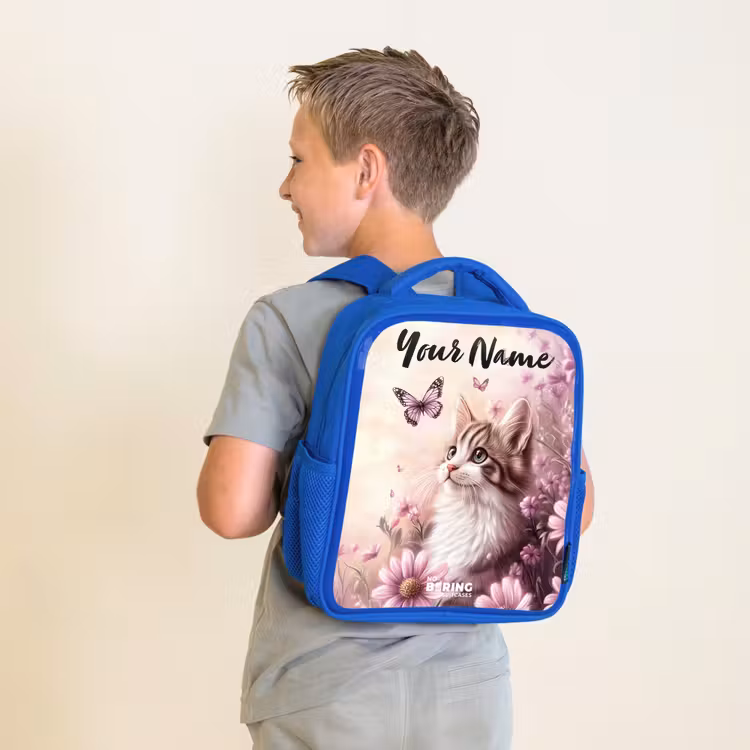 Kids backpack with name - Blue - Kitten - Butterflies - Purple - Flowers — 2