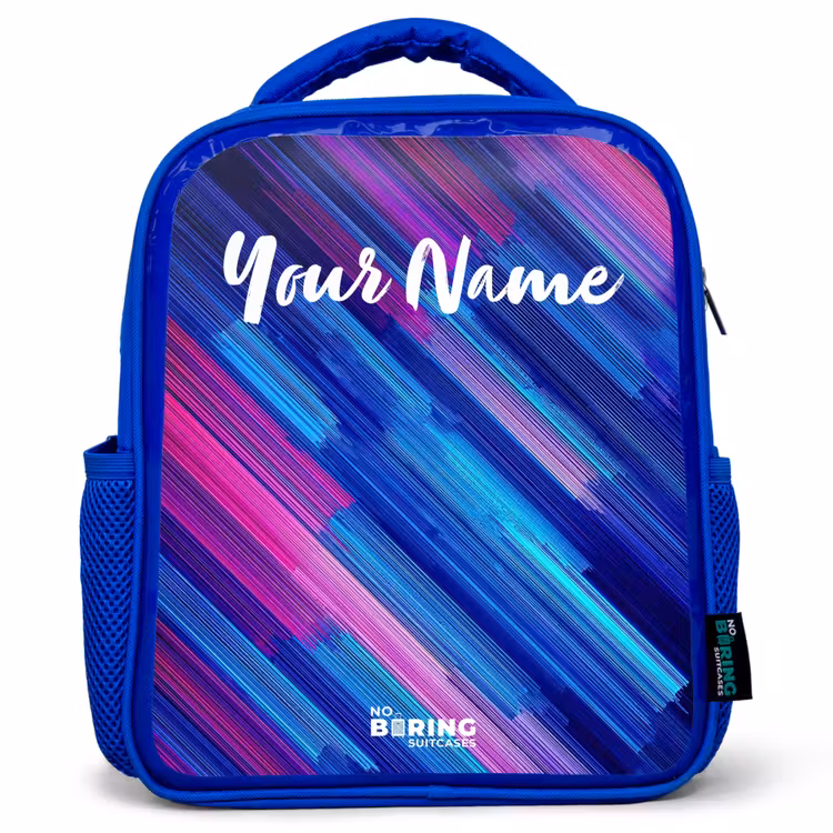 Kids backpack with name - Blue - Neon - Stripes - Abstract - Blue - Pink — 1