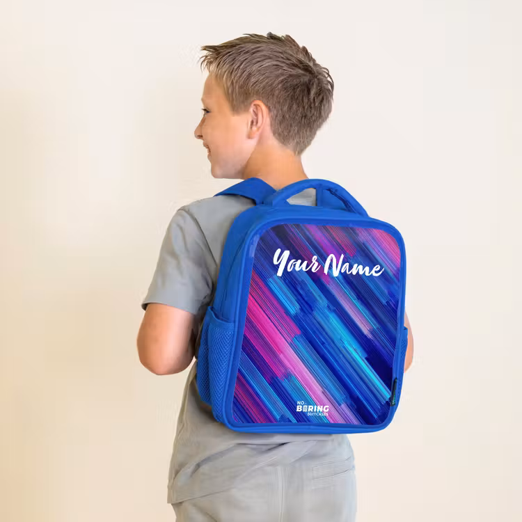 Kids backpack with name - Blue - Neon - Stripes - Abstract - Blue - Pink — 2