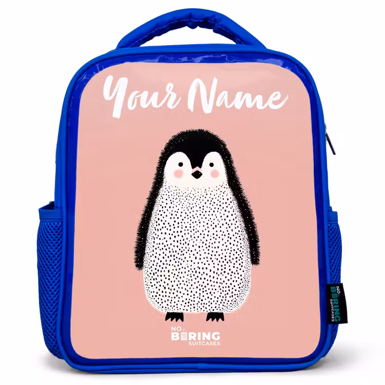 Kids backpack with name - Blue - Penguin - Dots - Pink - Minimalist — 1