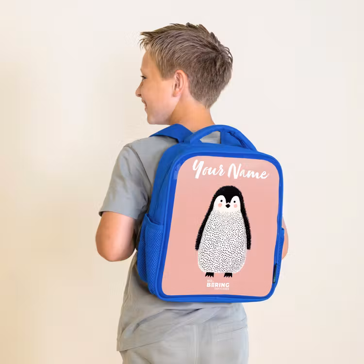 Kids backpack with name - Blue - Penguin - Dots - Pink - Minimalist — 2
