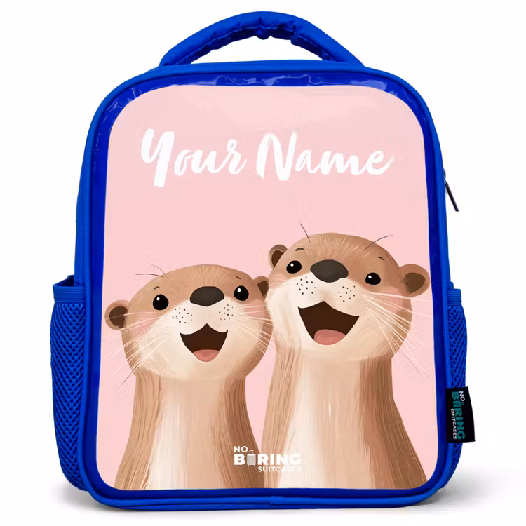 Kids backpack with name - Blue - Smile - Otters - Pink - Illustration — 1