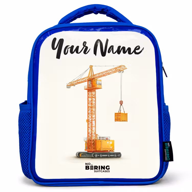 Kids backpack with name - Blue - Tower Crane - Signed - Orange — 1