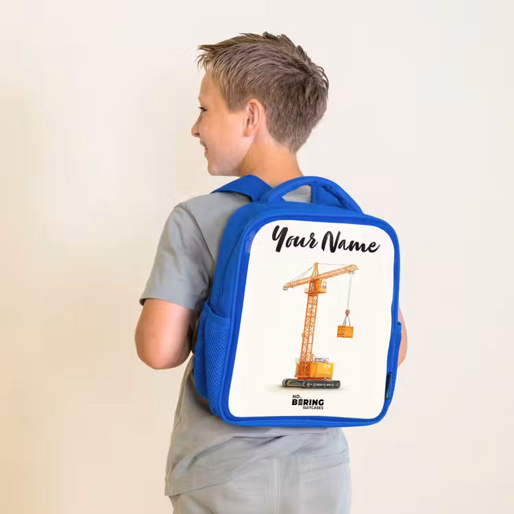 Kids backpack with name - Blue - Tower Crane - Signed - Orange — 2