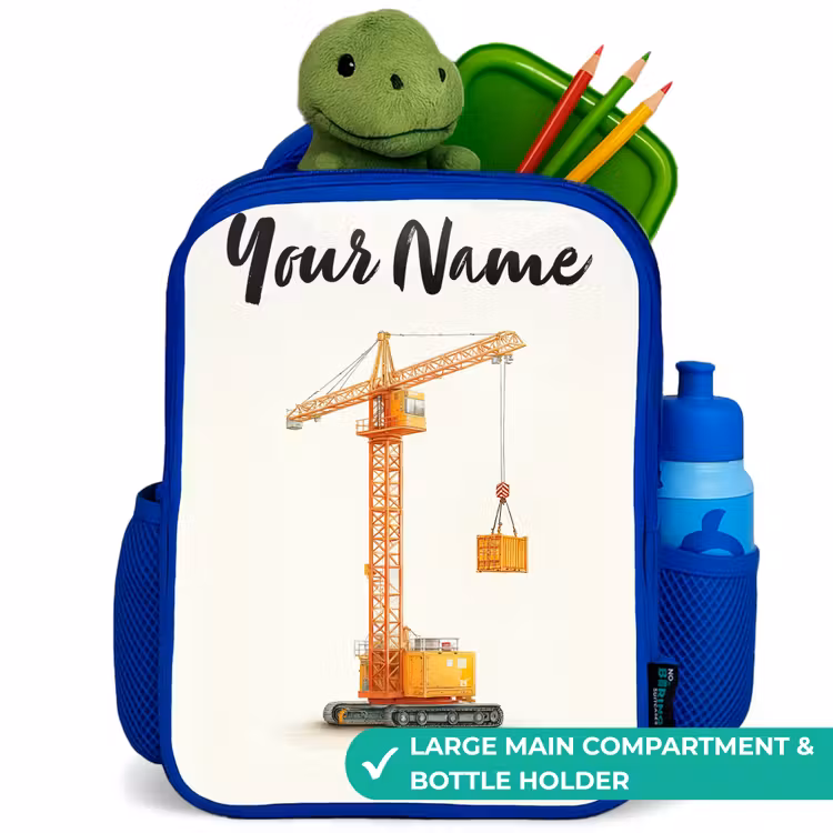 Kids backpack with name - Blue - Tower Crane - Signed - Orange — 5