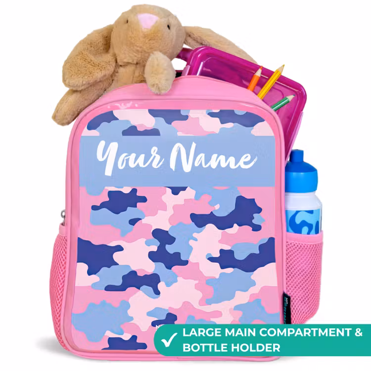 Kids backpack with name - Pink - Camouflage - Pink - Blue — 2