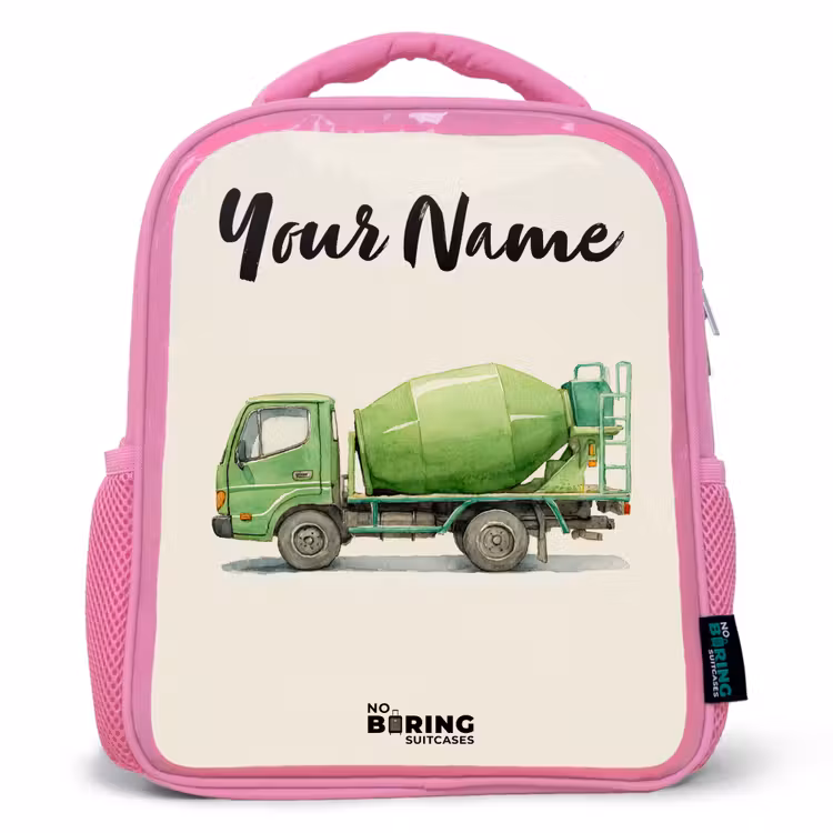 Kids backpack with name - Pink - Concrete mixer - Signed - Green — 1