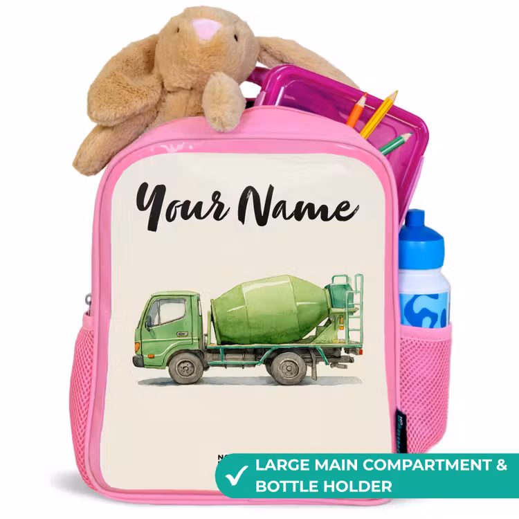 Kids backpack with name - Pink - Concrete mixer - Signed - Green — 2
