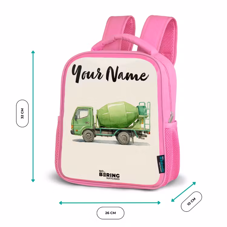 Kids backpack with name - Pink - Concrete mixer - Signed - Green — 3