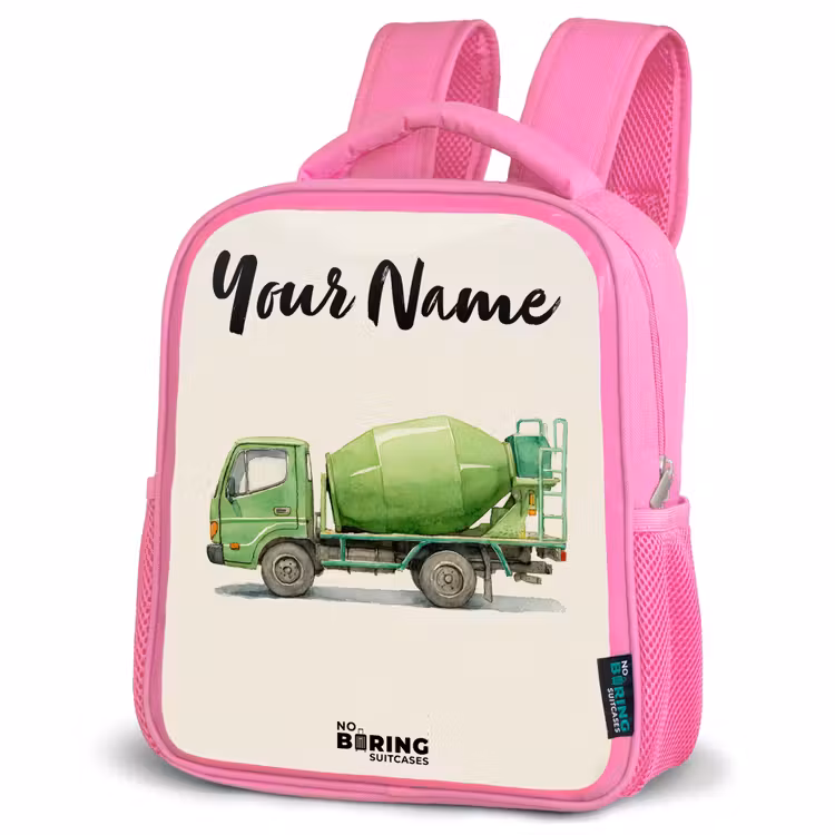Kids backpack with name - Pink - Concrete mixer - Signed - Green — 4