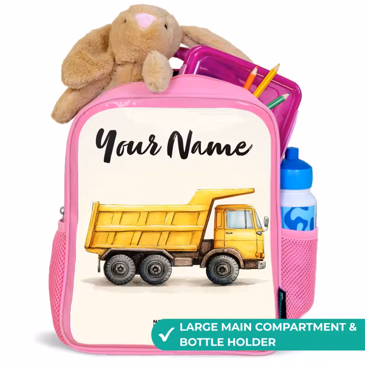 Kids backpack with name - Pink - Dump truck - Signed - Yellow — 2