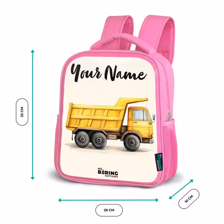 Kids backpack with name - Pink - Dump truck - Signed - Yellow — 3