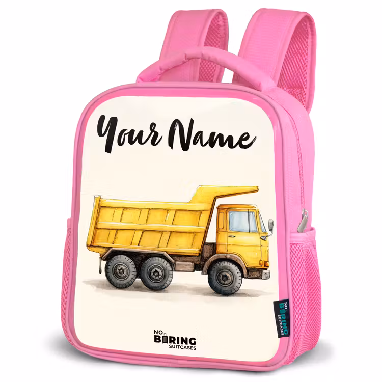 Kids backpack with name - Pink - Dump truck - Signed - Yellow — 4