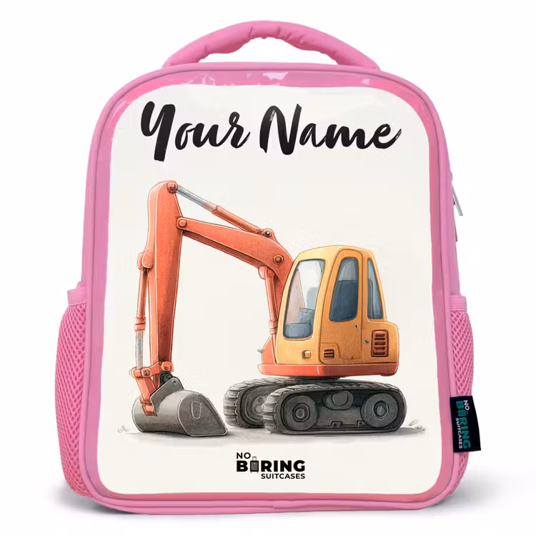 Kids backpack with name - Pink - Excavator - Signed - Orange — 1