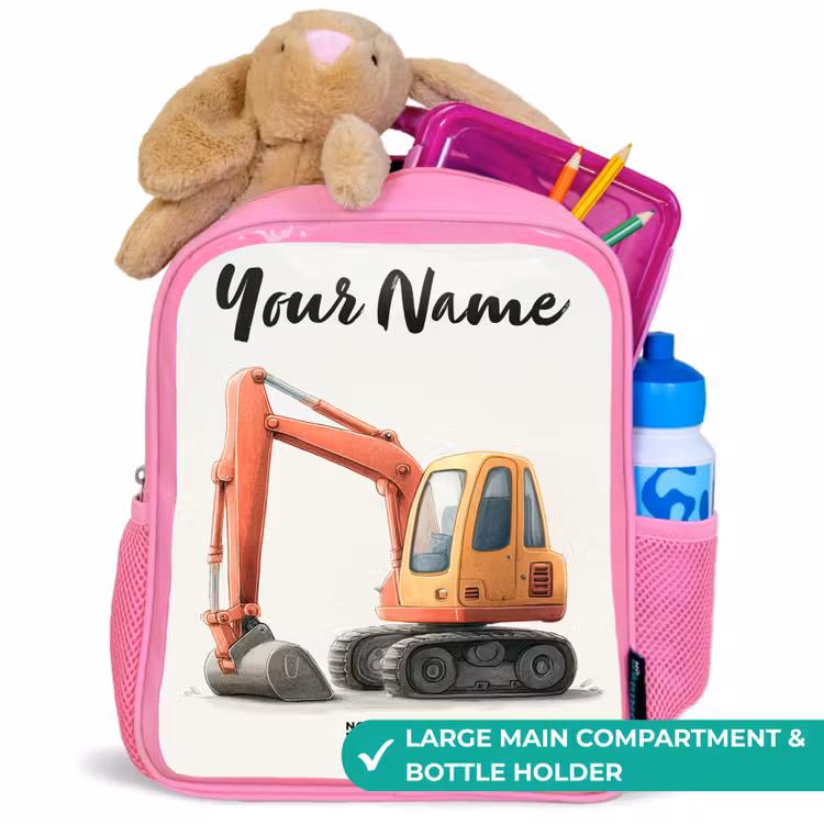 Kids backpack with name - Pink - Excavator - Signed - Orange — 2