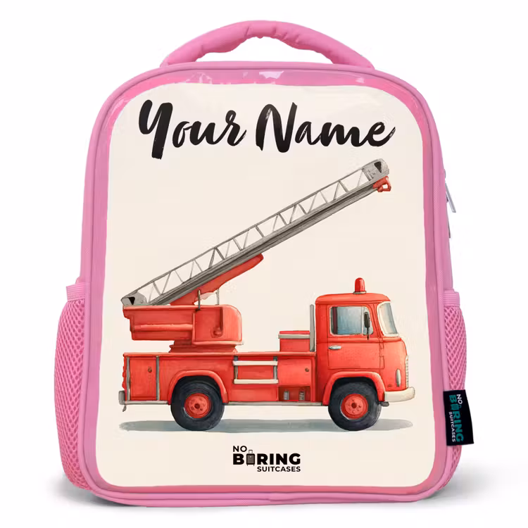 Kids backpack with name - Pink - Fire truck - Signed - Red — 1
