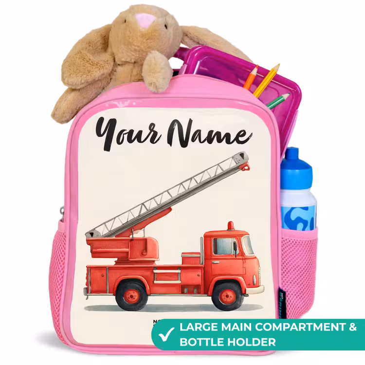 Kids backpack with name - Pink - Fire truck - Signed - Red — 2