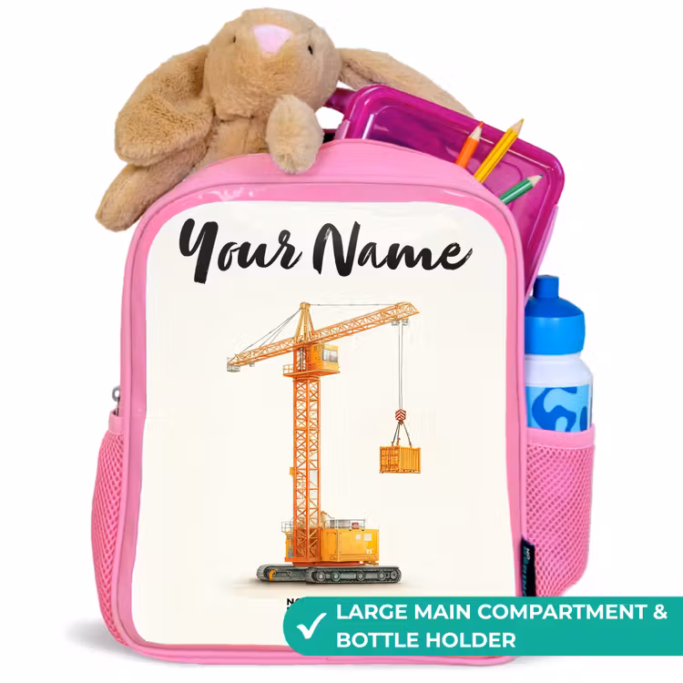 Kids backpack with name - Pink - Tower Crane - Signed - Orange — 2
