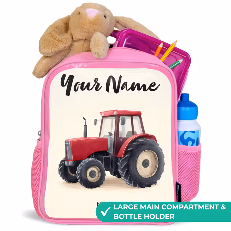 Kids backpack with name - Pink - Tractor - Signed - Red — 2
