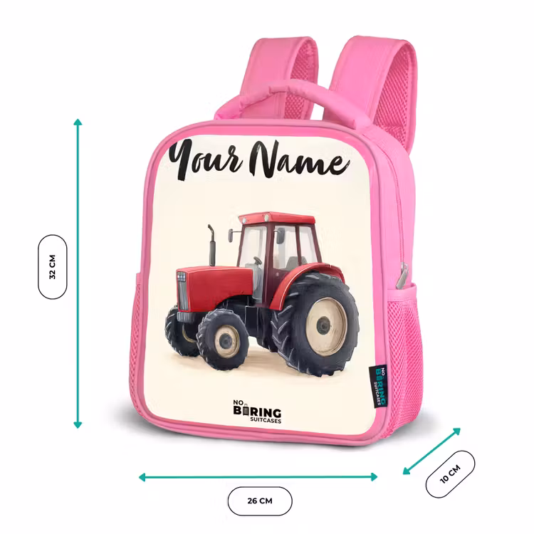 Kids backpack with name - Pink - Tractor - Signed - Red — 3