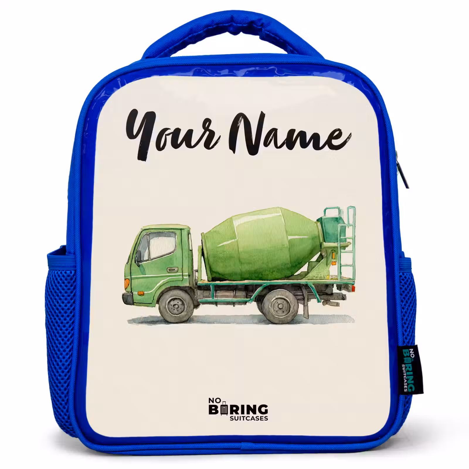 Kids backpack with name - Blue - Concrete mixer - Signed - Green — 1
