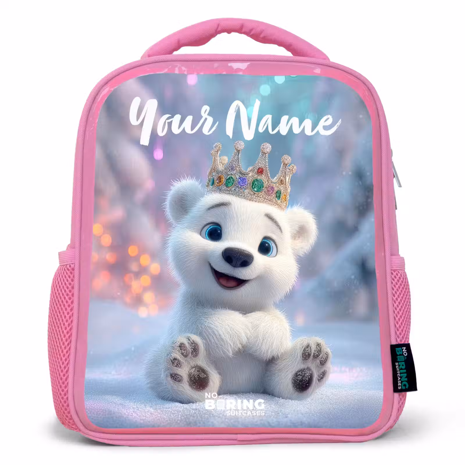 Kids backpack with name - Pink - Polar bear - Crown - Winter — 1