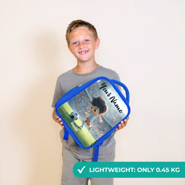Kids backpack with name - Blue - Boy - Soccer - Stadium - Sunlight — 3