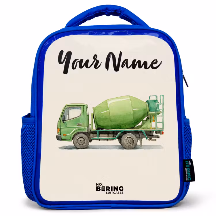 Kids backpack with name - Blue - Concrete mixer - Signed - Green — 1