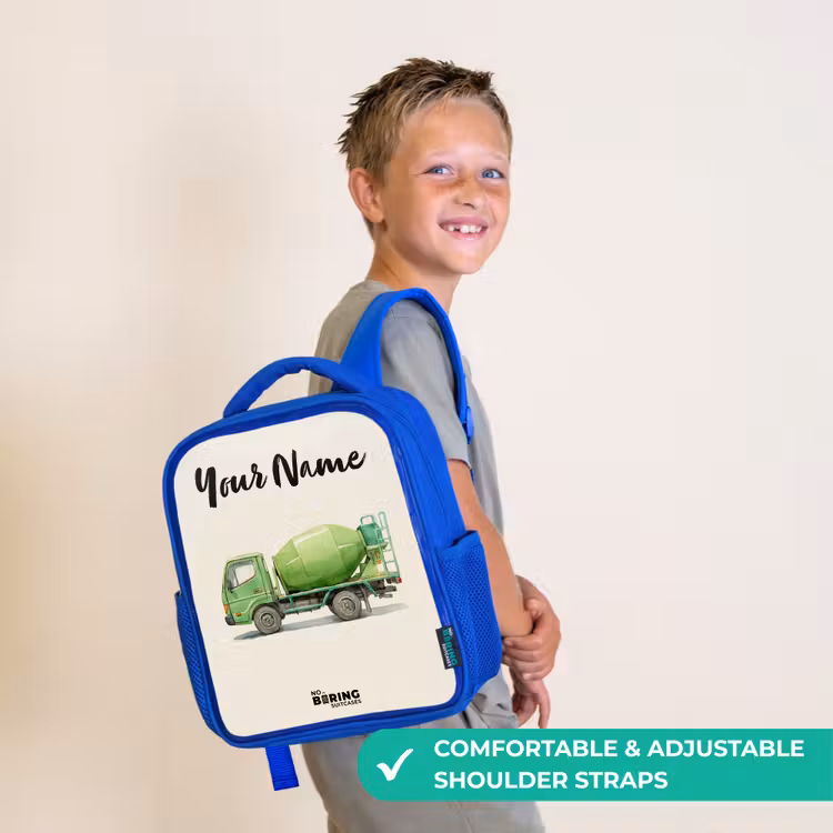 Kids backpack with name - Blue - Concrete mixer - Signed - Green — 4