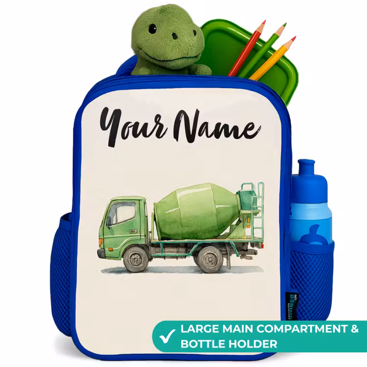 Kids backpack with name - Blue - Concrete mixer - Signed - Green — 5