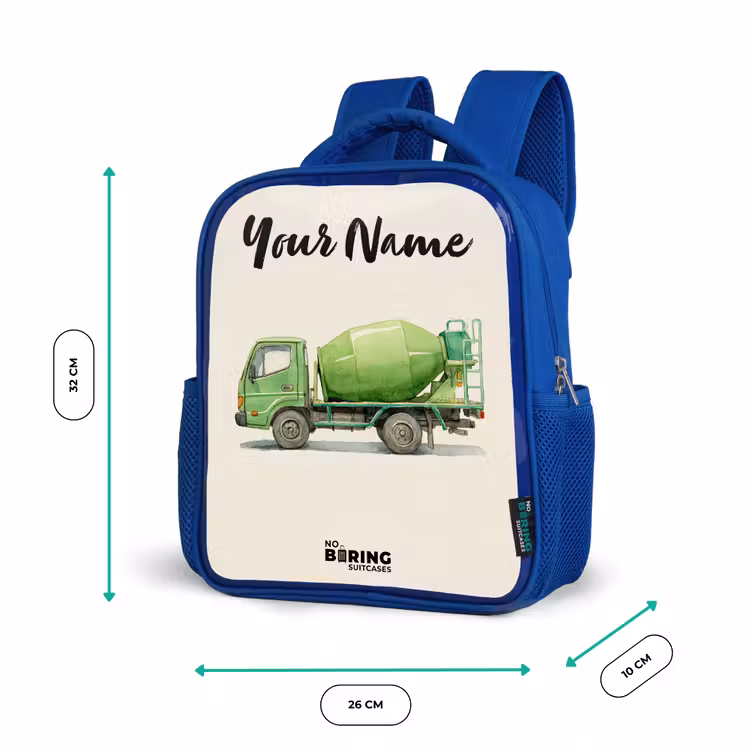 Kids backpack with name - Blue - Concrete mixer - Signed - Green — 6
