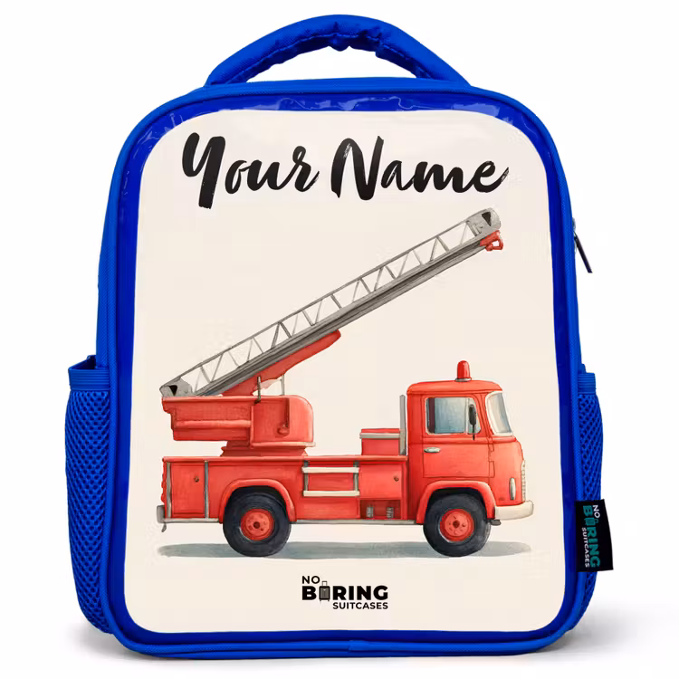 Kids backpack with name - Blue - Fire truck - Signed - Red — 1
