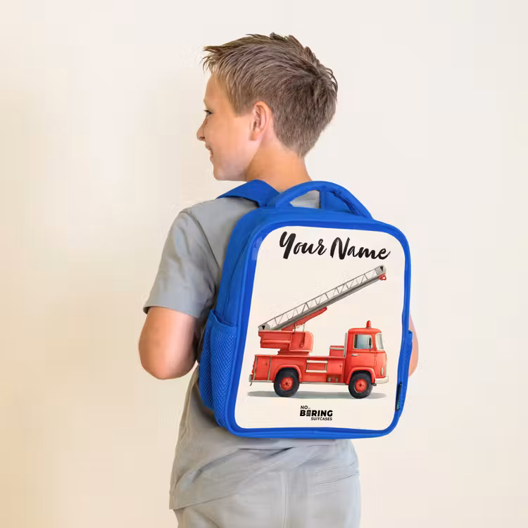 Kids backpack with name - Blue - Fire truck - Signed - Red — 2