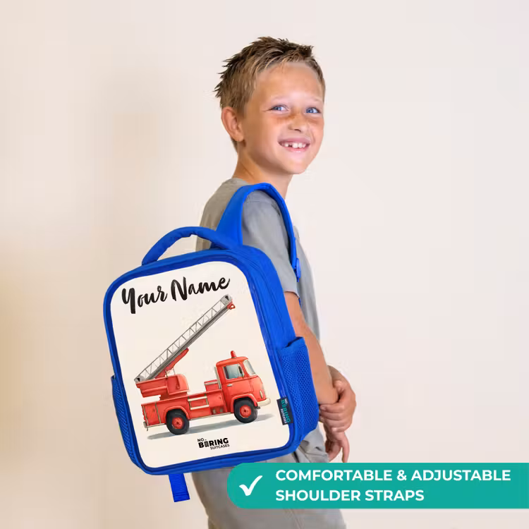 Kids backpack with name - Blue - Fire truck - Signed - Red — 4