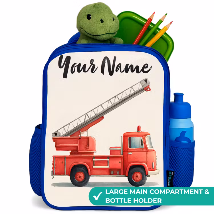Kids backpack with name - Blue - Fire truck - Signed - Red — 5