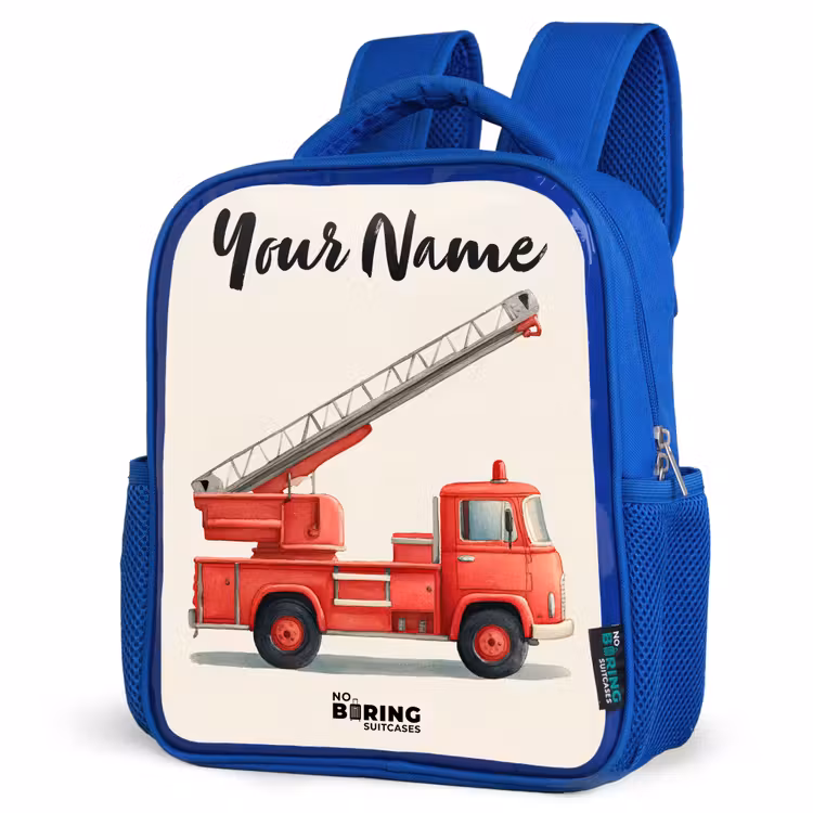 Kids backpack with name - Blue - Fire truck - Signed - Red — 7