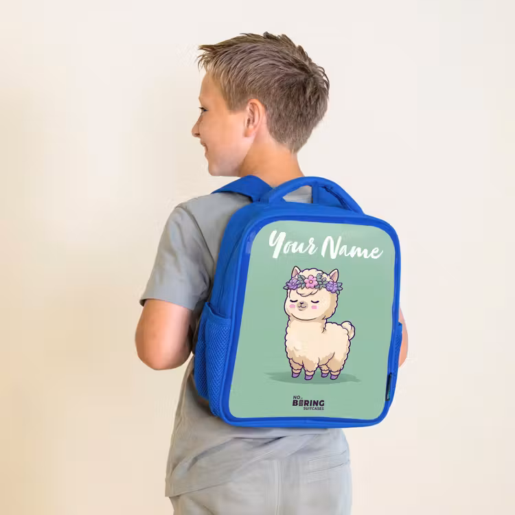 Kids backpack with name - Blue - Kawai - Alpaca - Green — 2