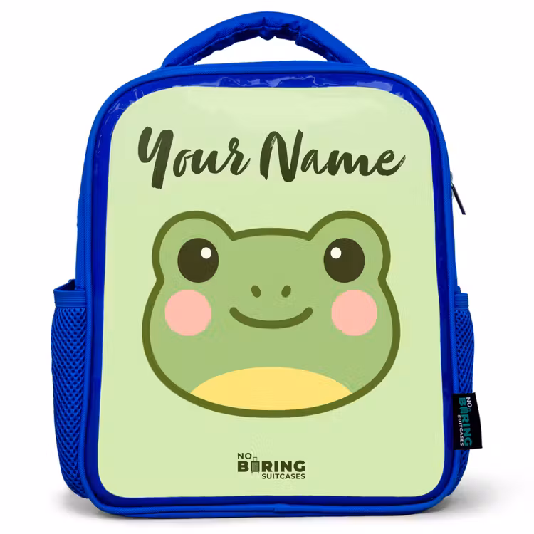 Kids backpack with name - Blue - Kawai - Frog - Green — 1