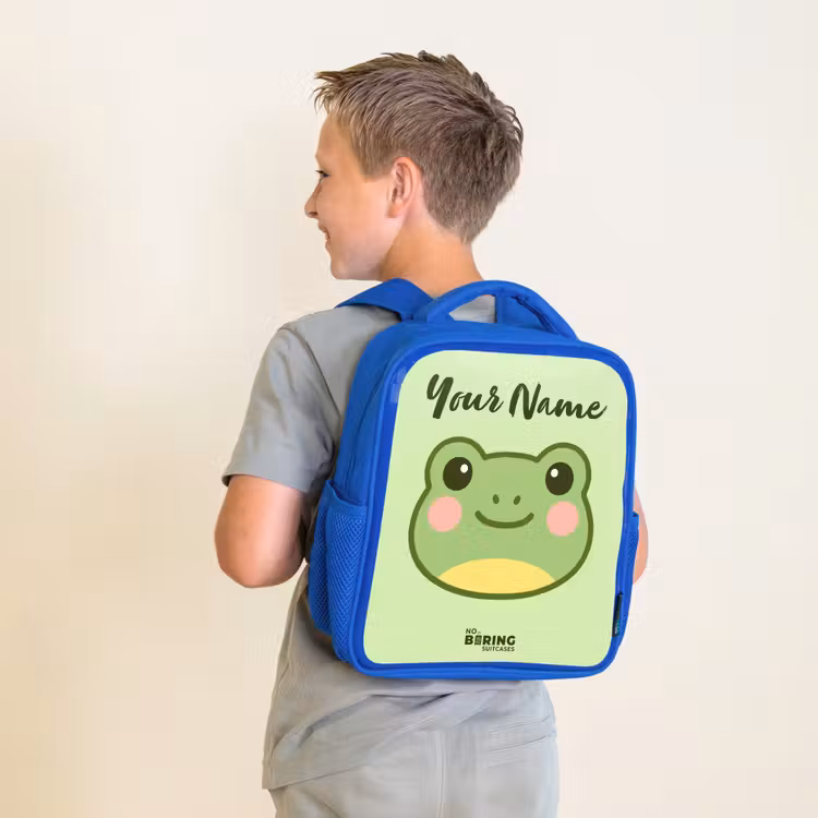 Kids backpack with name - Blue - Kawai - Frog - Green — 2