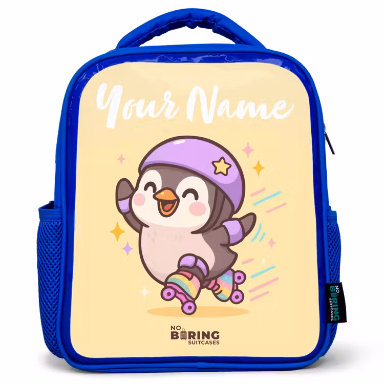 Kids backpack with name - Blue - Kawai - Penguin - Roller skates — 1