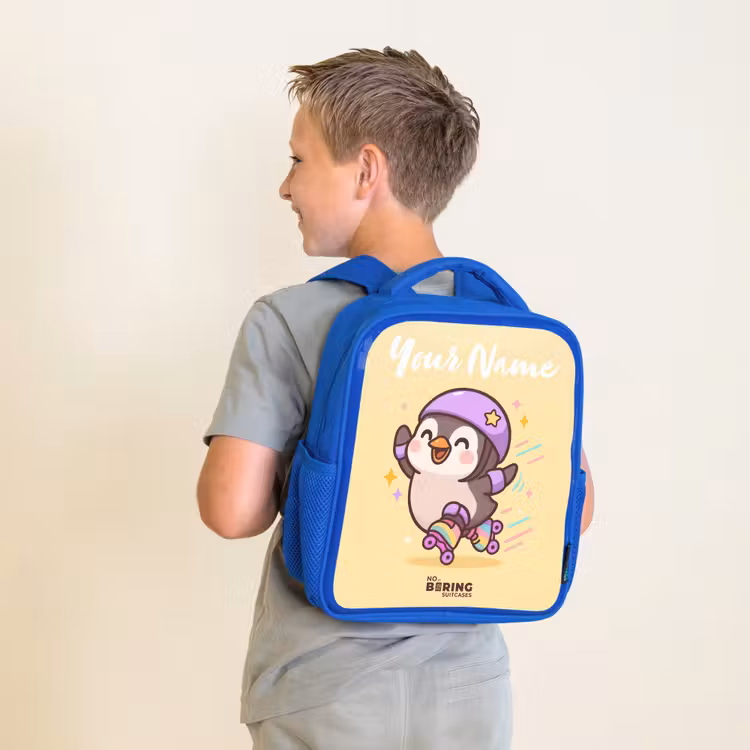 Kids backpack with name - Blue - Kawai - Penguin - Roller skates — 2