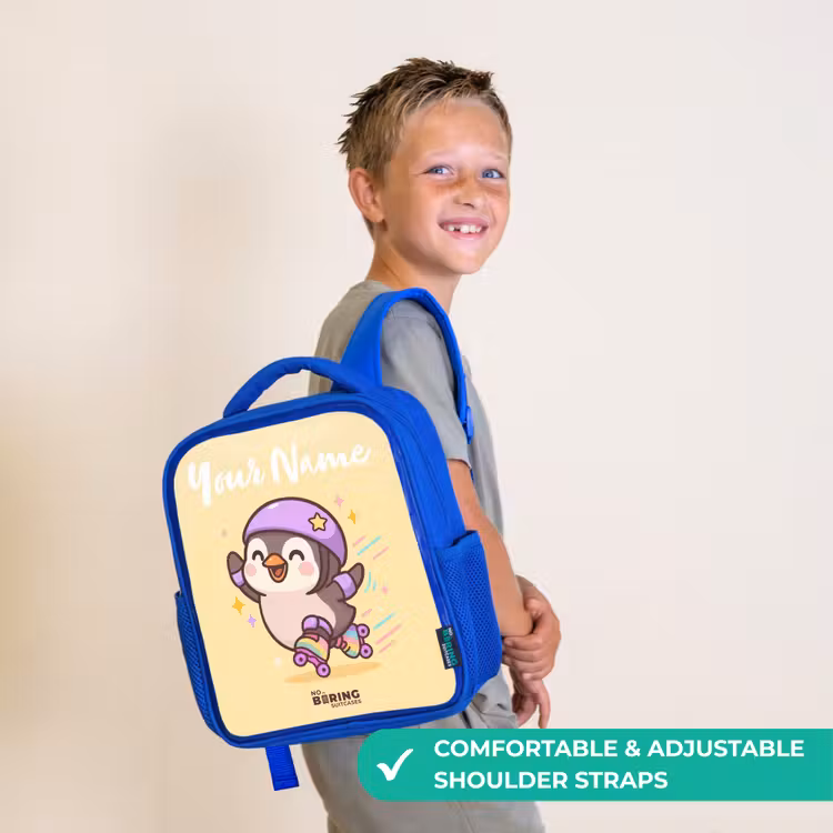 Kids backpack with name - Blue - Kawai - Penguin - Roller skates — 4