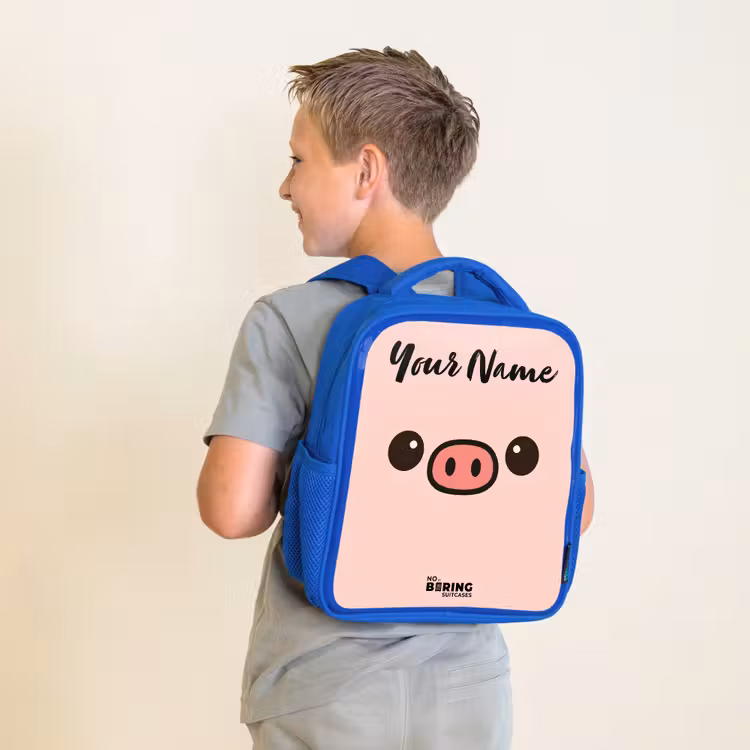 Kids backpack with name - Blue - Kawai - Pig - Pink — 2