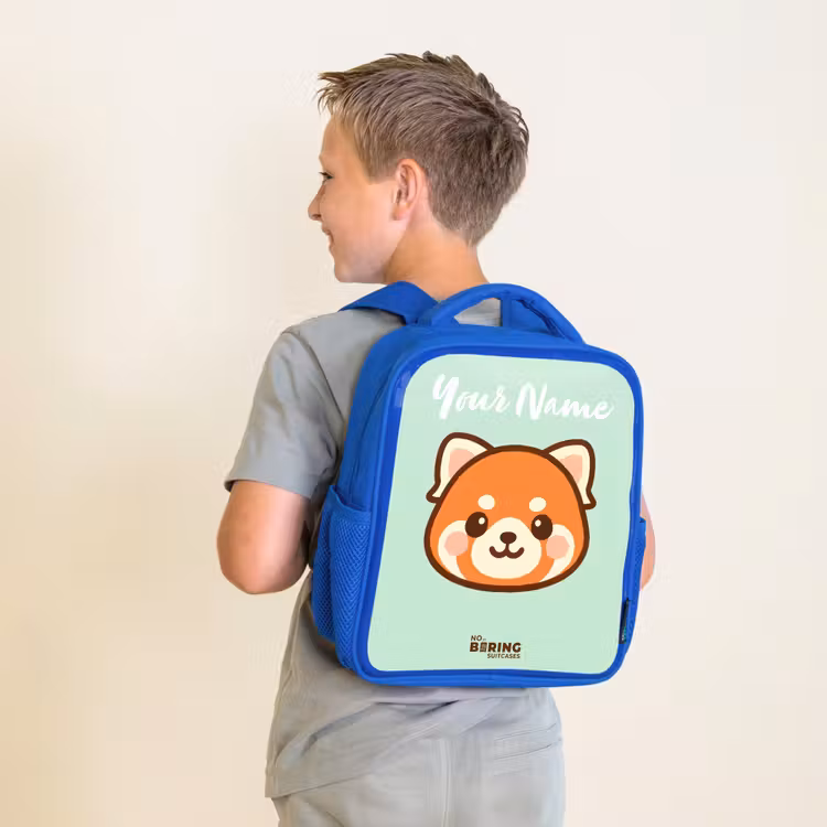 Kids backpack with name - Blue - Kawai - Red panda - Green — 2