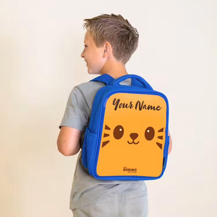 Kids backpack with name - Blue - Kawai - Tiger - Orange — 2