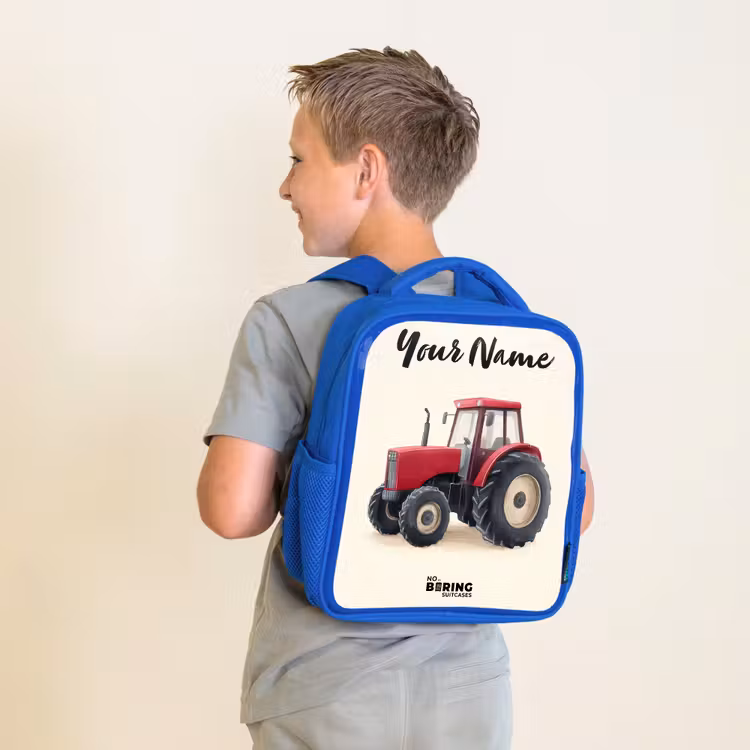 Kids backpack with name - Blue - Tractor - Signed - Red — 2