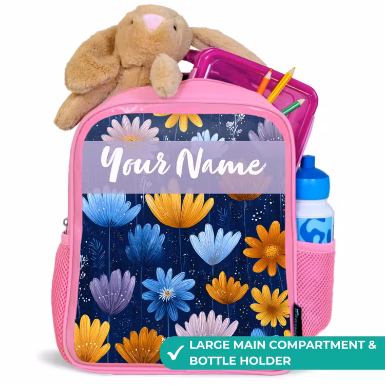 Kids backpack - Pink - Flowers - Pattern - Blue — 2