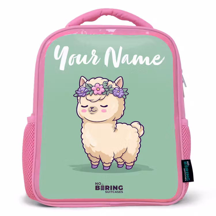 Kids backpack with name - Pink - Kawai - Alpaca - Green — 1