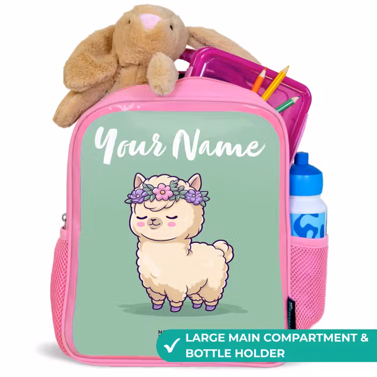 Kids backpack with name - Pink - Kawai - Alpaca - Green — 2